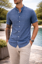 Camicia da Uomo a Maniche Corte con Colletto Coreano