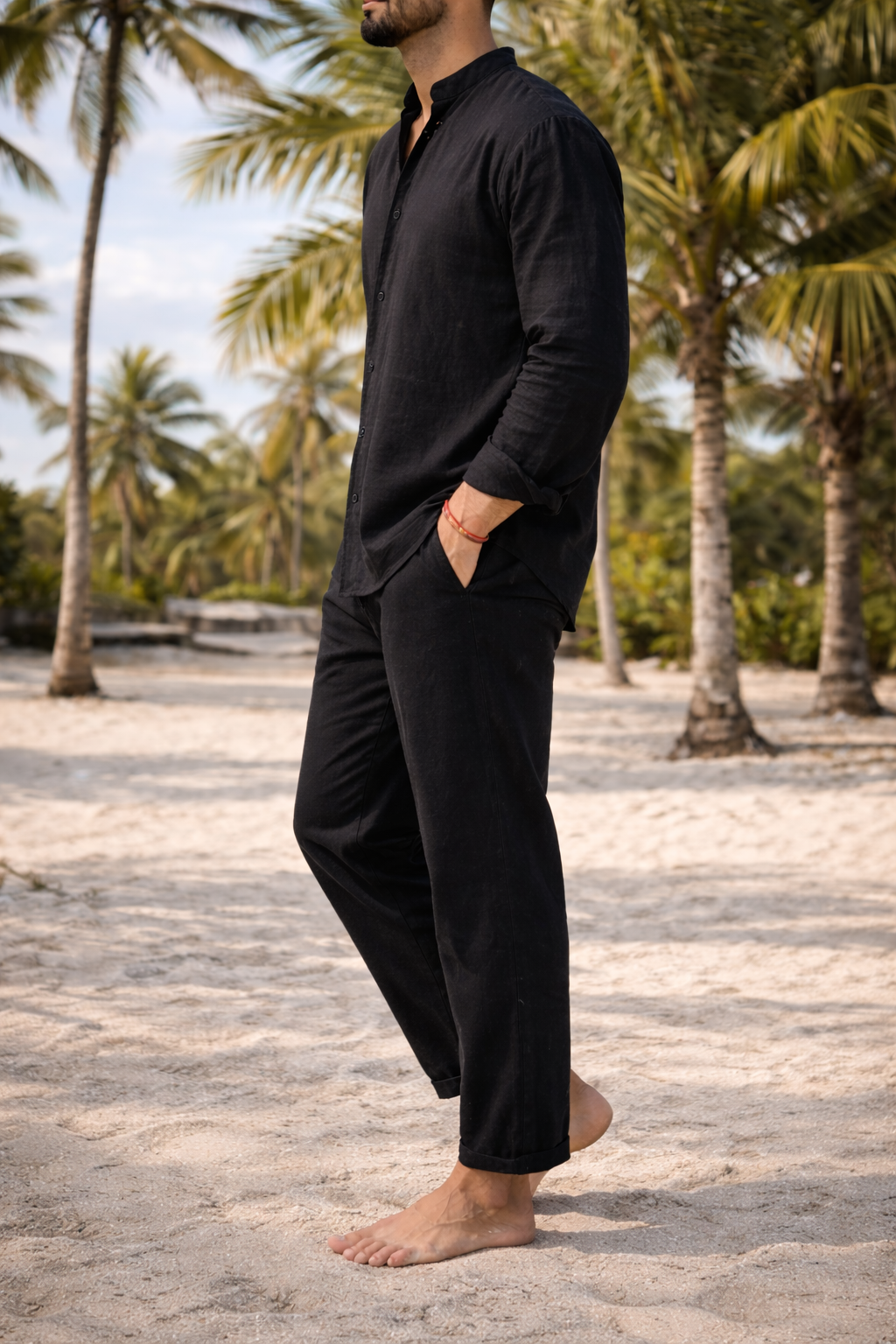Completo da Uomo in Lino con Camicia Senza Colletto e Pantaloni