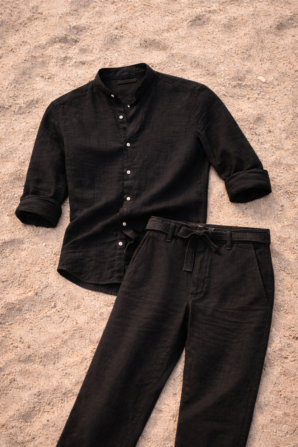 Completo da Uomo in Lino con Camicia Senza Colletto e Pantaloni