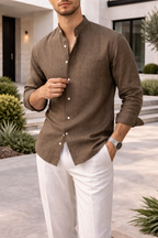 Camicia da Uomo in Misto Lino con Colletto Coreano