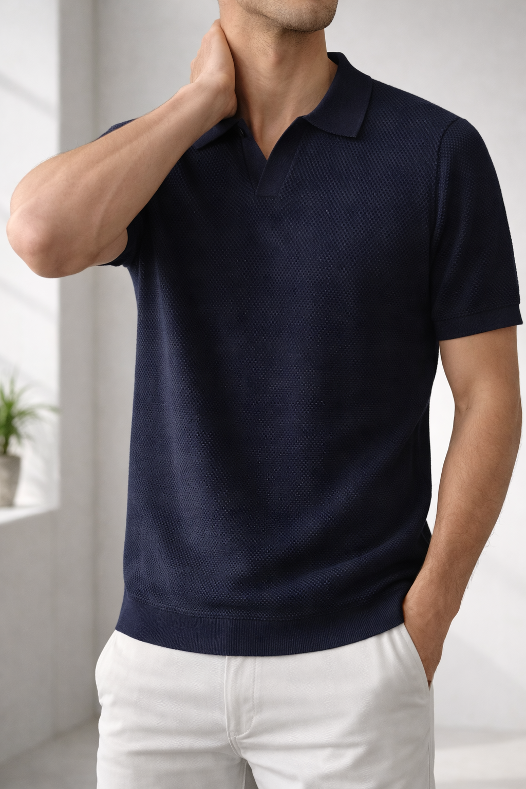 Polo da Uomo in Maglia Testurizzata con Colletto Classico