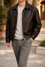 Blouson bomber homme en cuir avec fermeture éclair et col classique