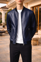 Bomber Uomo in Pelle con Zip e Finiture a Coste