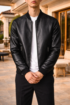 Bomber Uomo in Pelle con Zip e Finiture a Coste