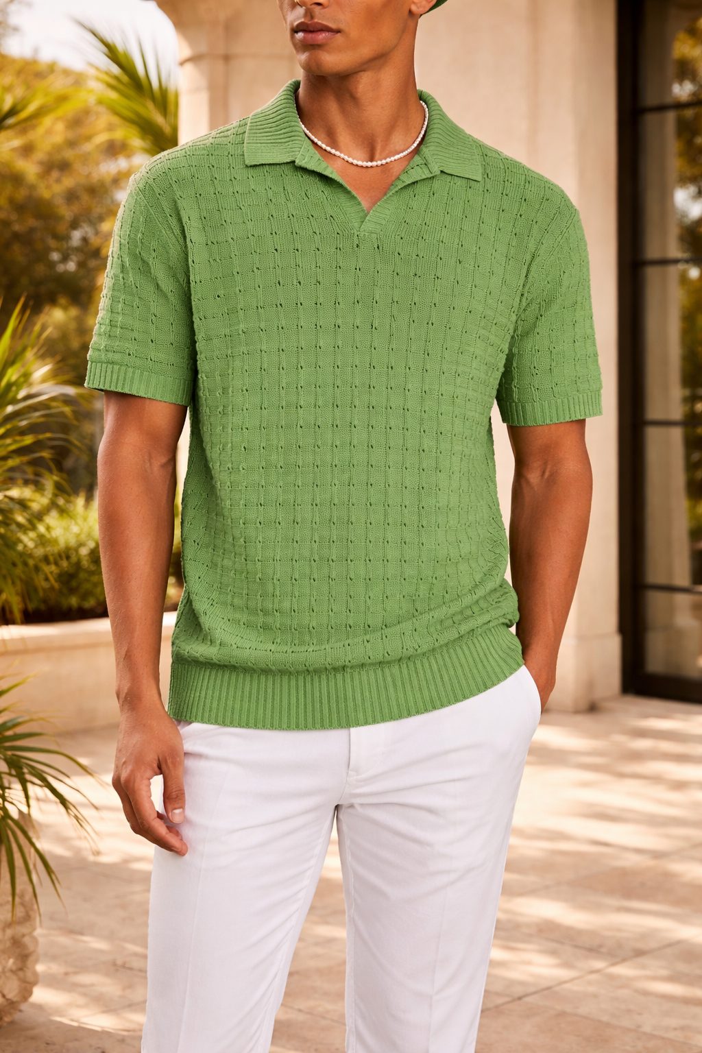 Polo da Uomo in Maglia Testurizzata con Colletto Aperto