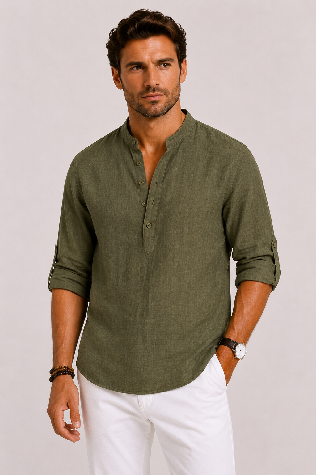 Camicia in Lino con Collo Coreano ANFINITE
