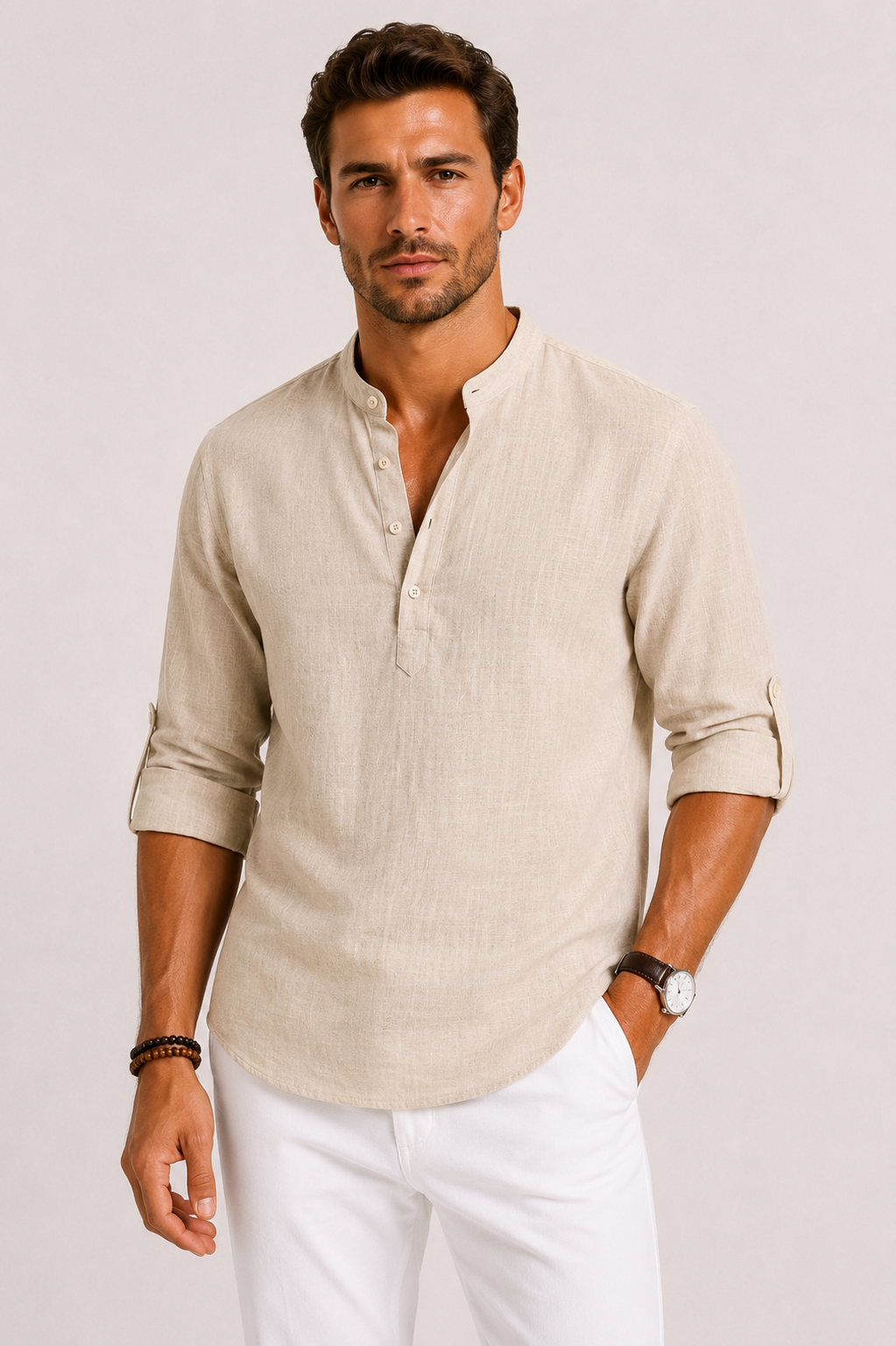 Camicia in Lino con Collo Coreano ANFINITE