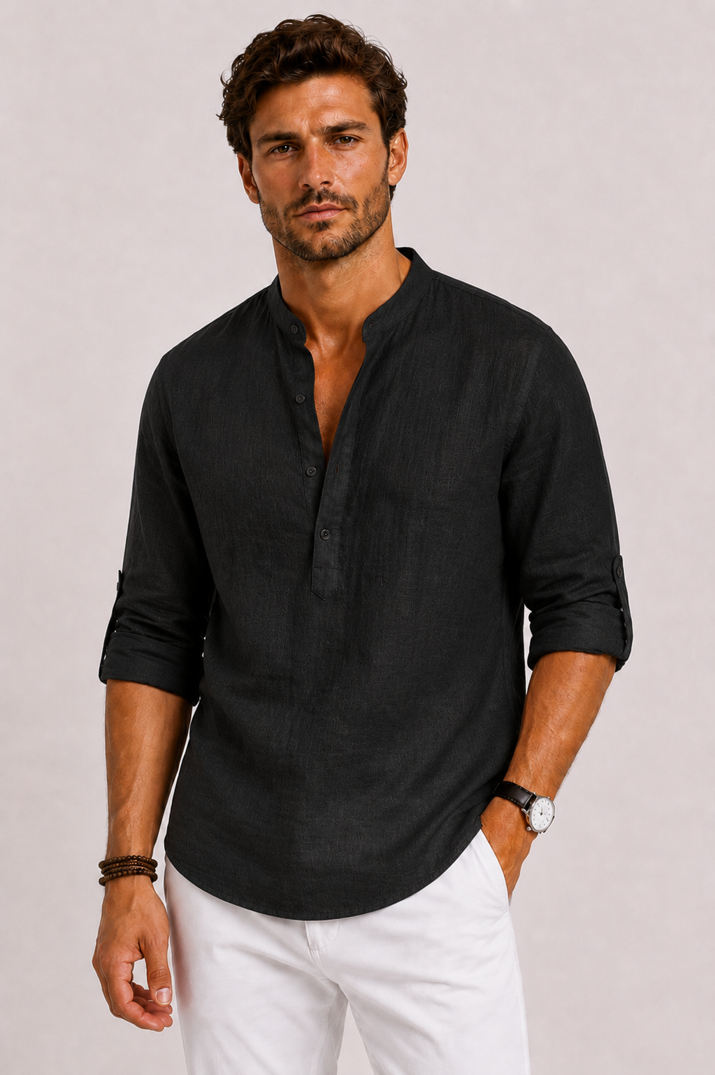 Camicia in Lino con Collo Coreano ANFINITE