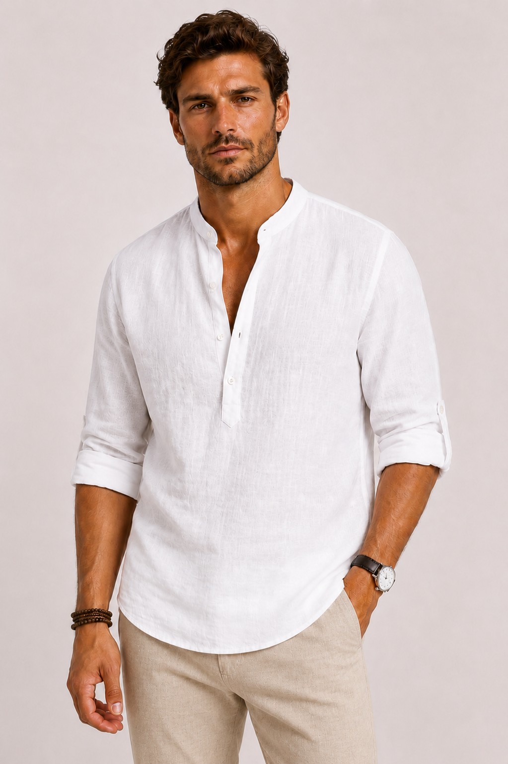 Camicia in Lino con Collo Coreano ANFINITE