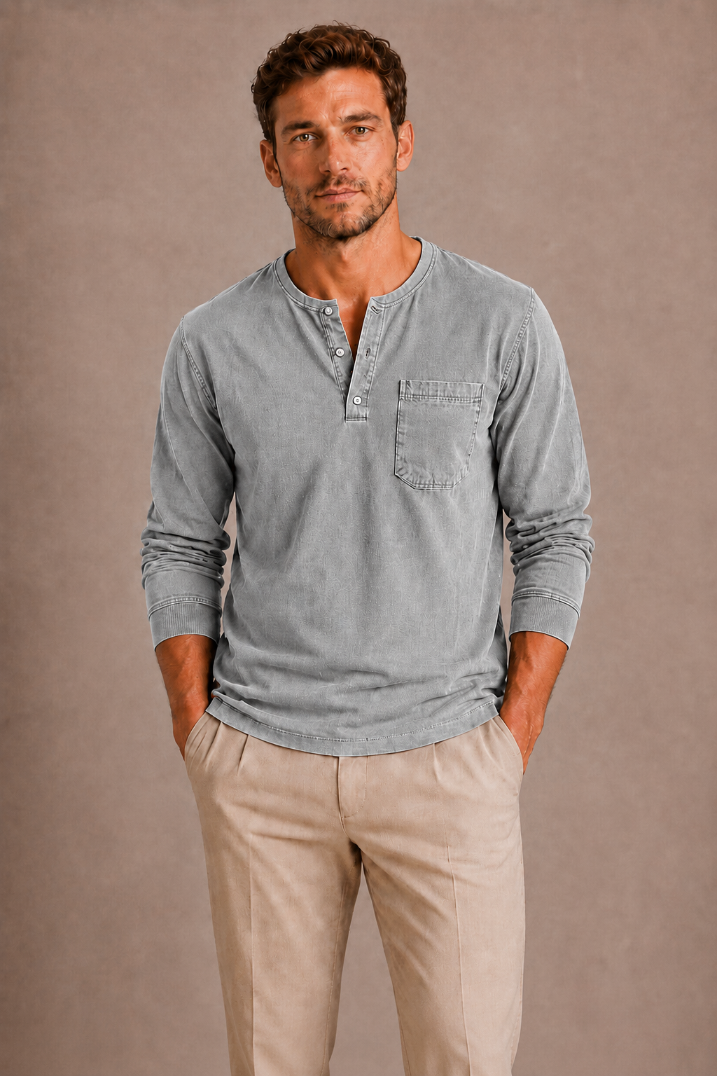 Camiseta Henley de manga larga para hombre