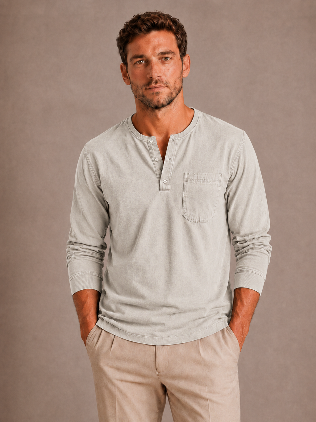 Camiseta Henley de manga larga para hombre