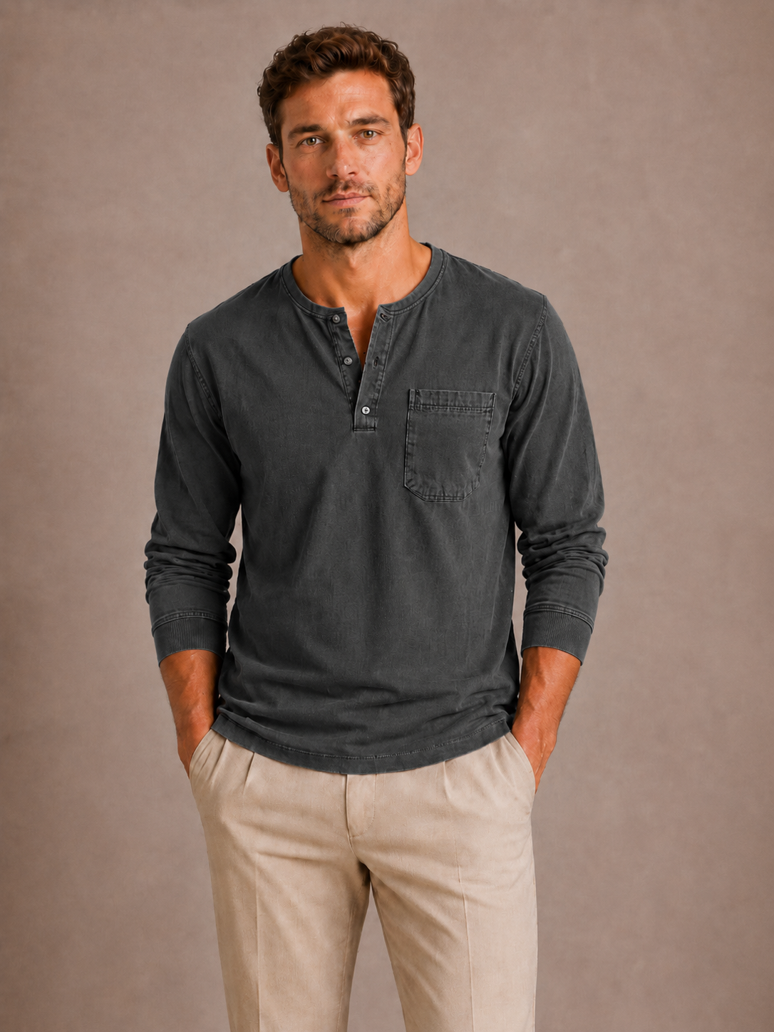 Camiseta Henley de manga larga para hombre