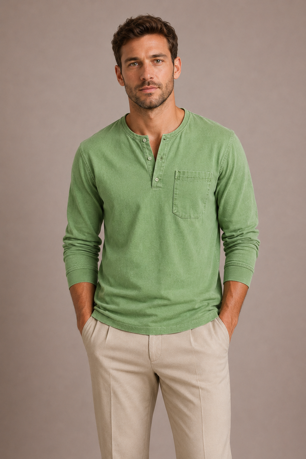 Camiseta Henley de manga larga para hombre