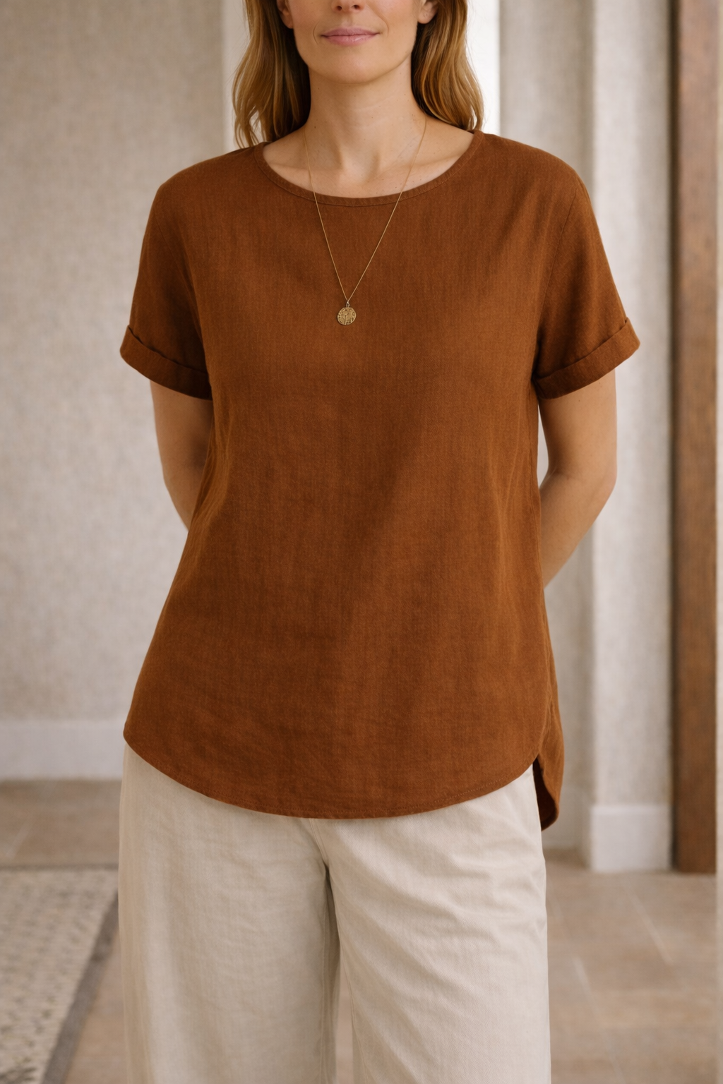 Blusa in Misto Lino con Scollo Rotondo e Maniche Corte