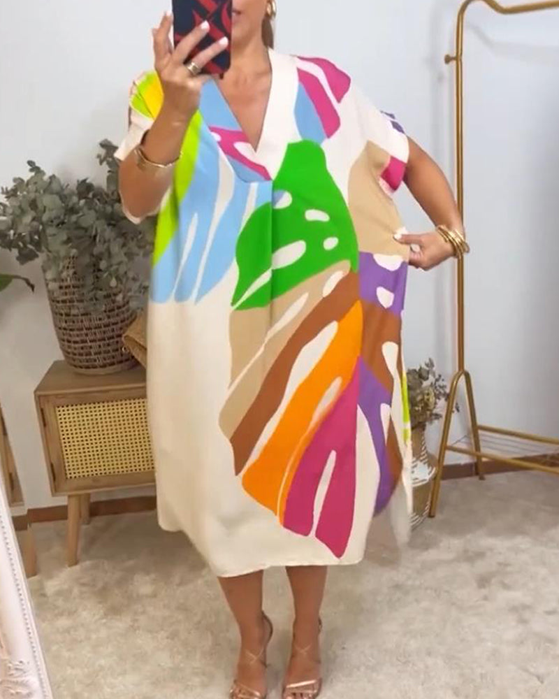 Vestito Midi Shift con Scollatura a V e Stampa Foglie