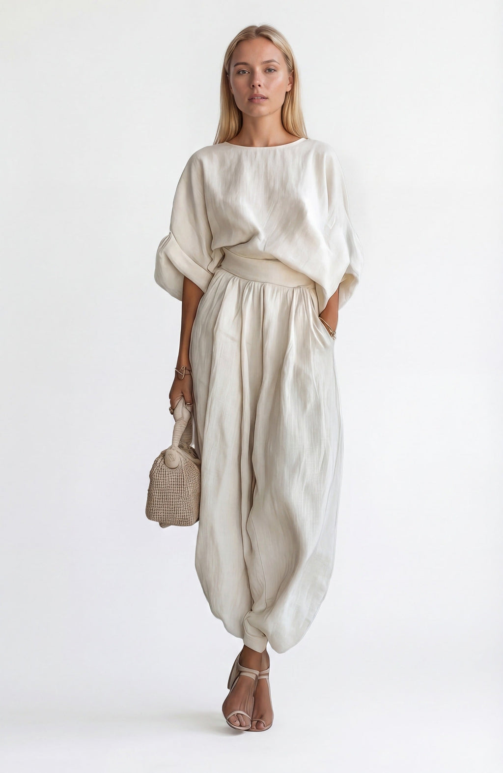 Ensemble femme en lin avec blouse drapée et pantalon large