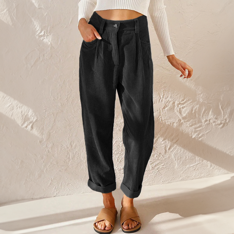 Pantaloni Donna in Velluto a Coste a Vita Alta con Pieghe