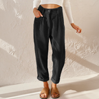 Pantaloni Donna in Velluto a Coste a Vita Alta con Pieghe