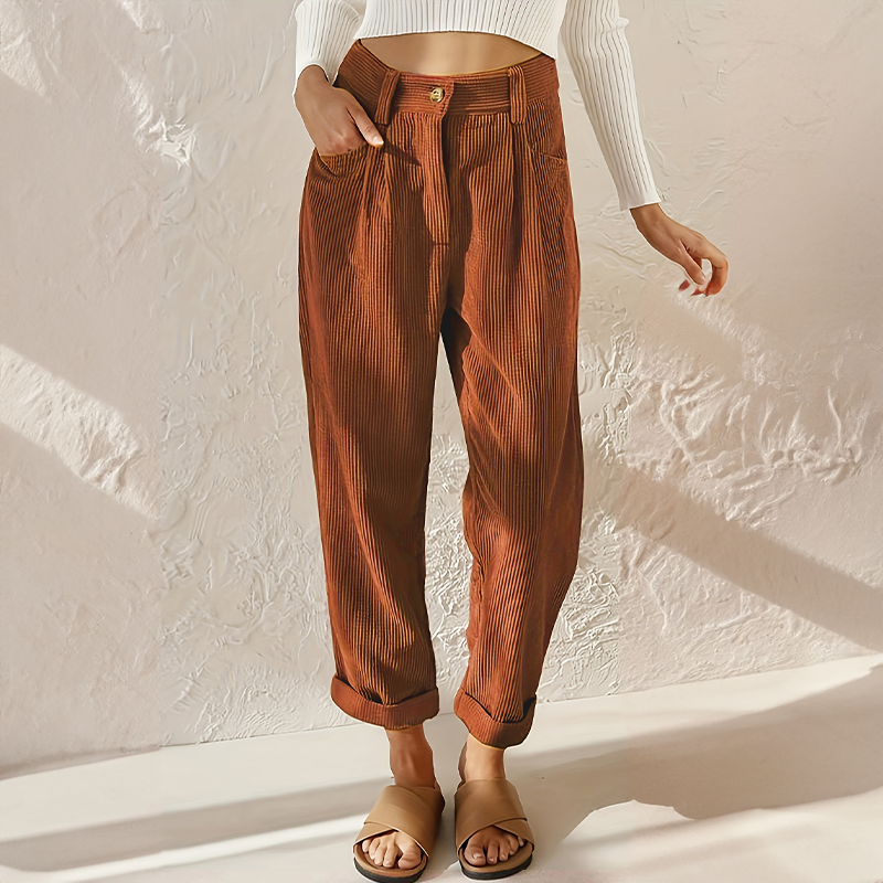 Pantaloni Donna in Velluto a Coste a Vita Alta con Pieghe