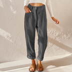 Pantaloni Donna in Velluto a Coste a Vita Alta con Pieghe