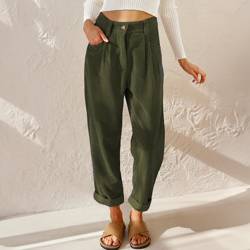 Pantaloni Donna in Velluto a Coste a Vita Alta con Pieghe