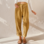 Pantaloni Donna in Velluto a Coste a Vita Alta con Pieghe