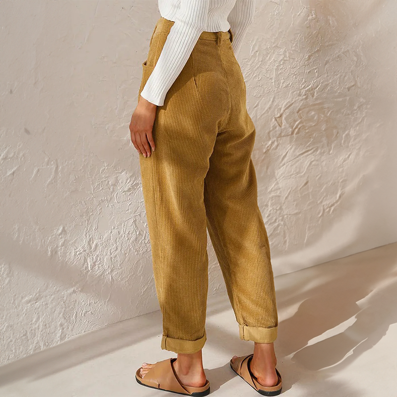 Pantaloni Donna in Velluto a Coste a Vita Alta con Pieghe