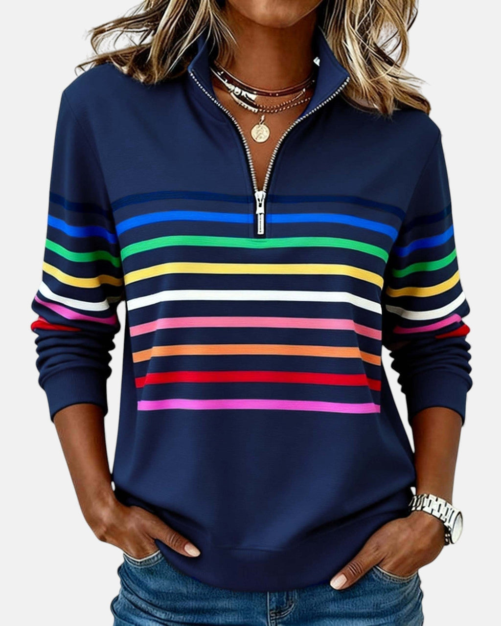 Felpa Donna Stampata con Mezza Zip e Collo Alto