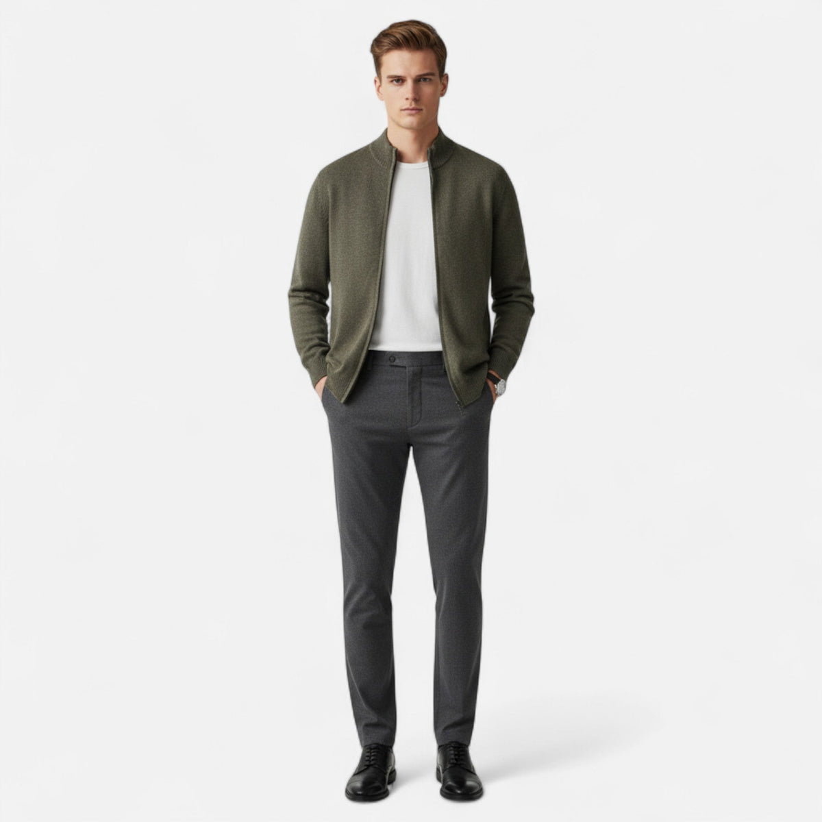 Cardigan Uomo in 100% Lana Merino con Zip e Collo Alto