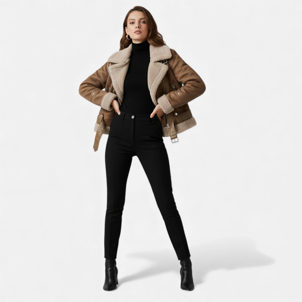 Giacca Biker Donna in Camoscio con Revers in Lana d’Agnello