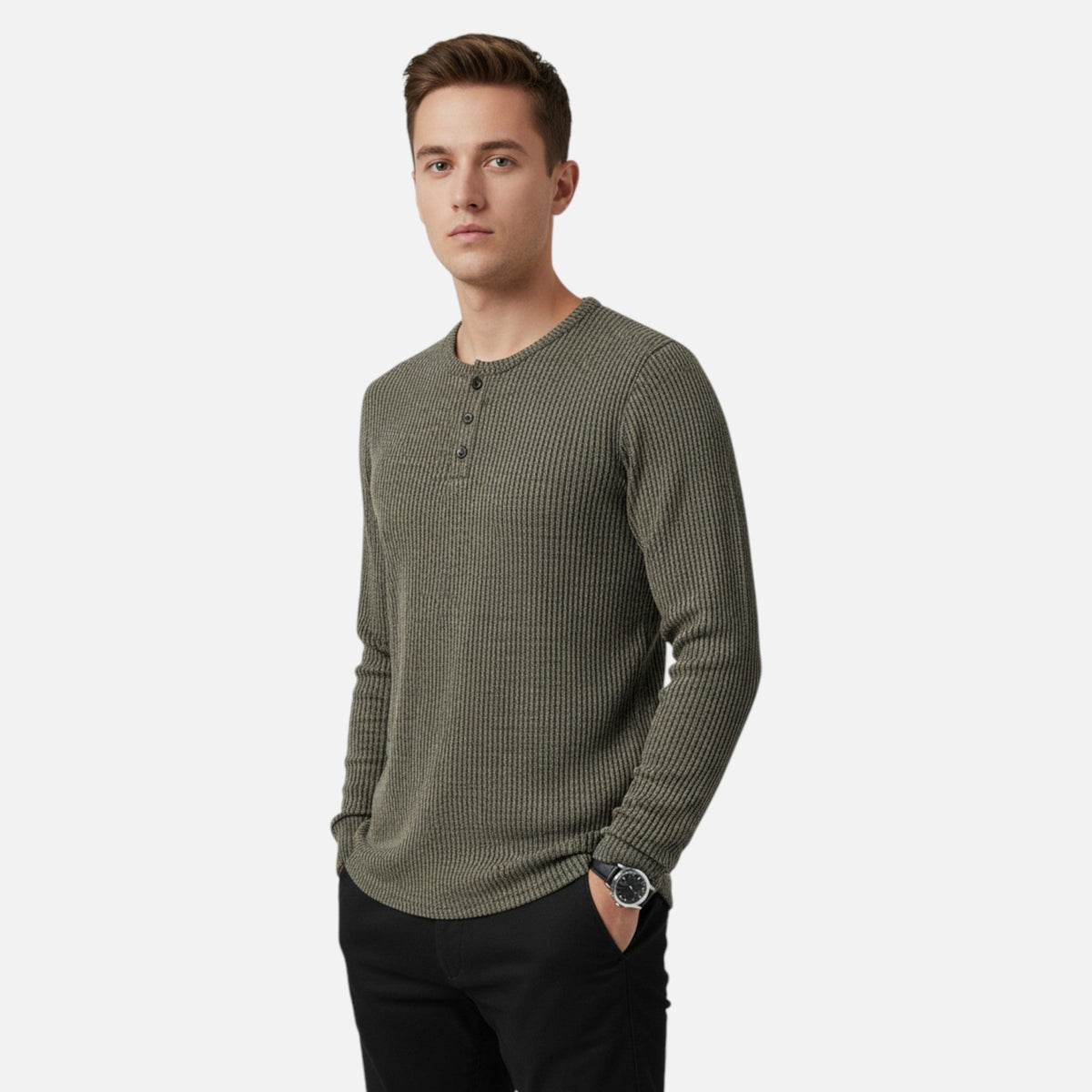 Pull homme en maille torsadée à boutons - col rond Henley élégant et décontracté