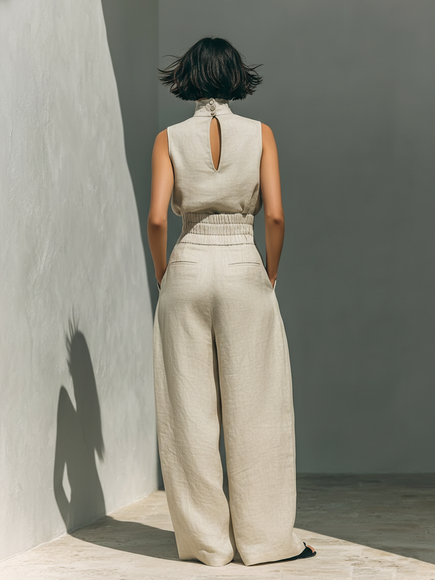 Sæt Dame Bomuld Hør Silhuet Minimalistisk Stil