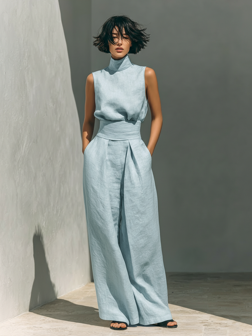 Sæt Dame Bomuld Hør Silhuet Minimalistisk Stil