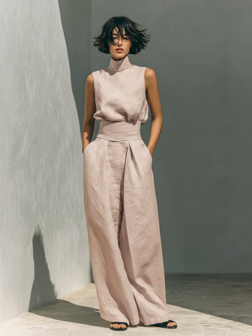 Sæt Dame Bomuld Hør Silhuet Minimalistisk Stil
