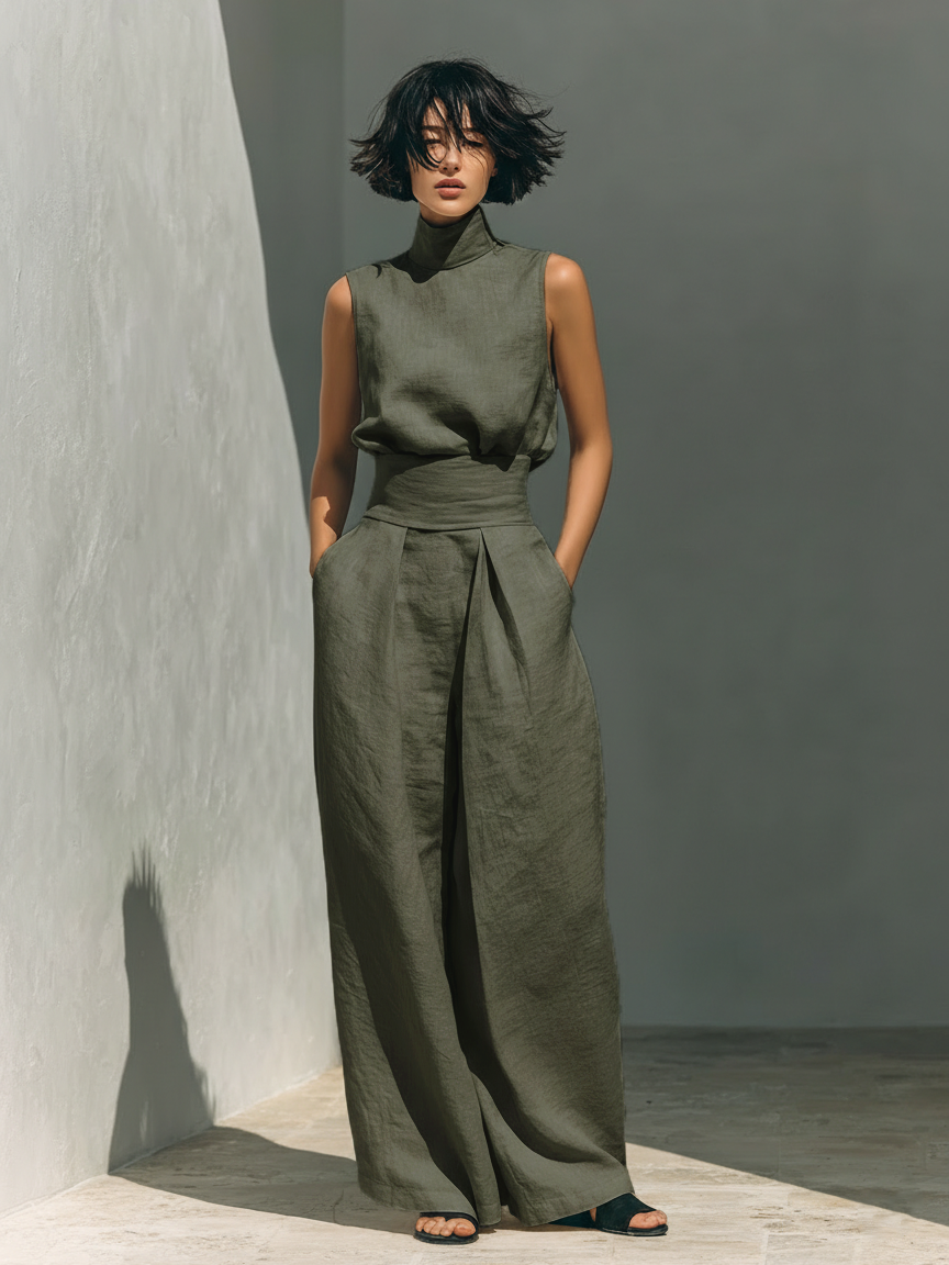Sæt Dame Bomuld Hør Silhuet Minimalistisk Stil