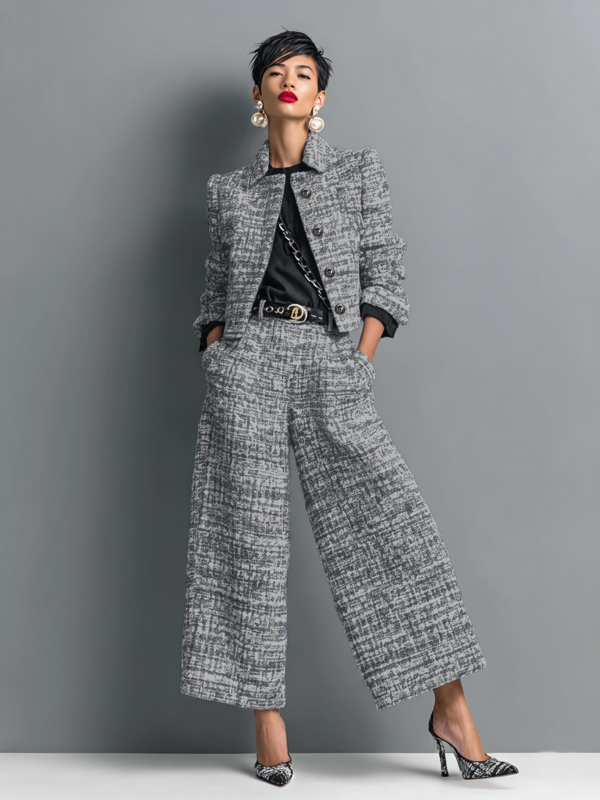 Completo Elegante Donna Due Pezzi – Blazer Sartoriale e Pantaloni a Gamba Larga