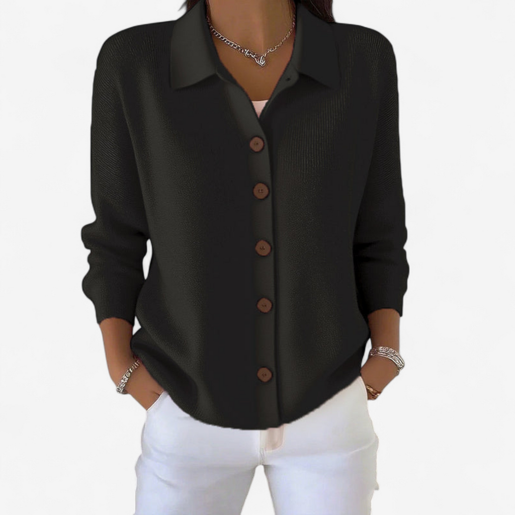 Cardigan Donna in Maglia a Coste con Colletto e Bottoni