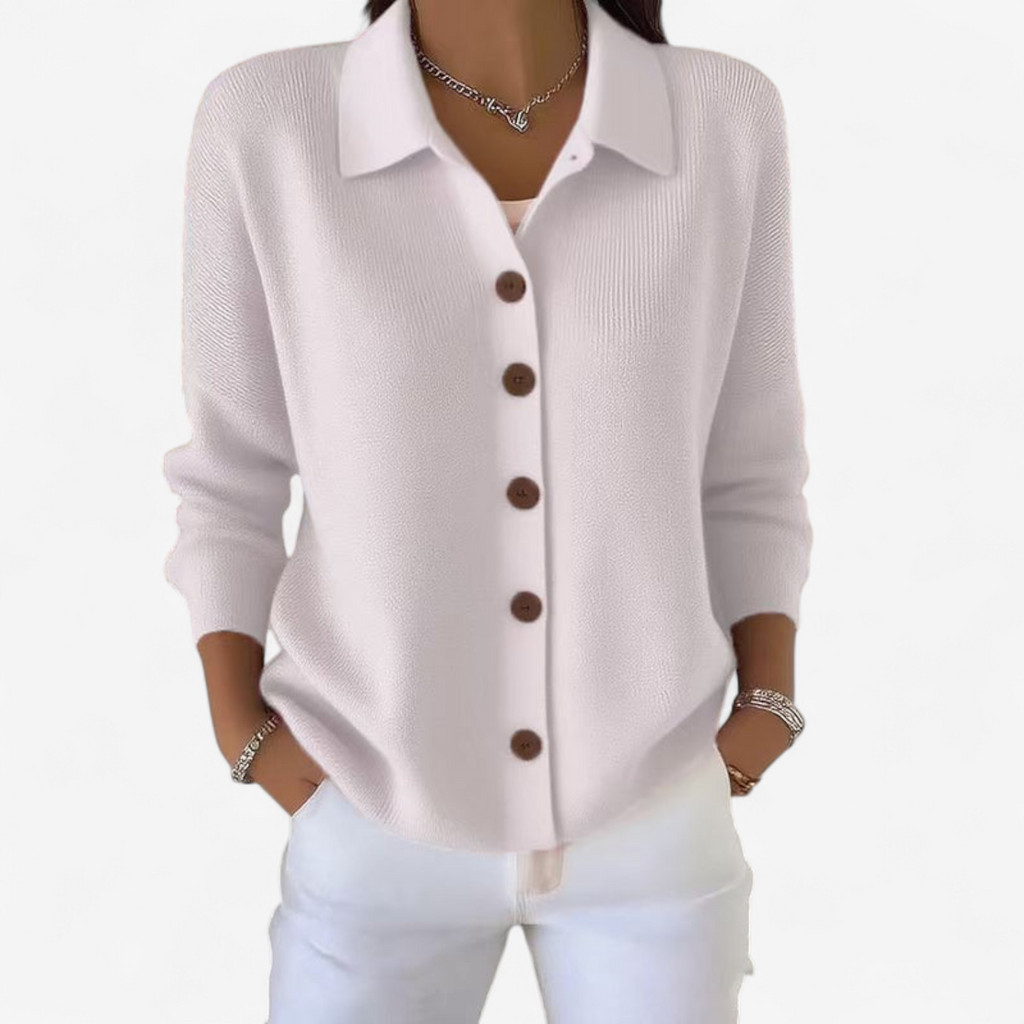 Cardigan Donna in Maglia a Coste con Colletto e Bottoni