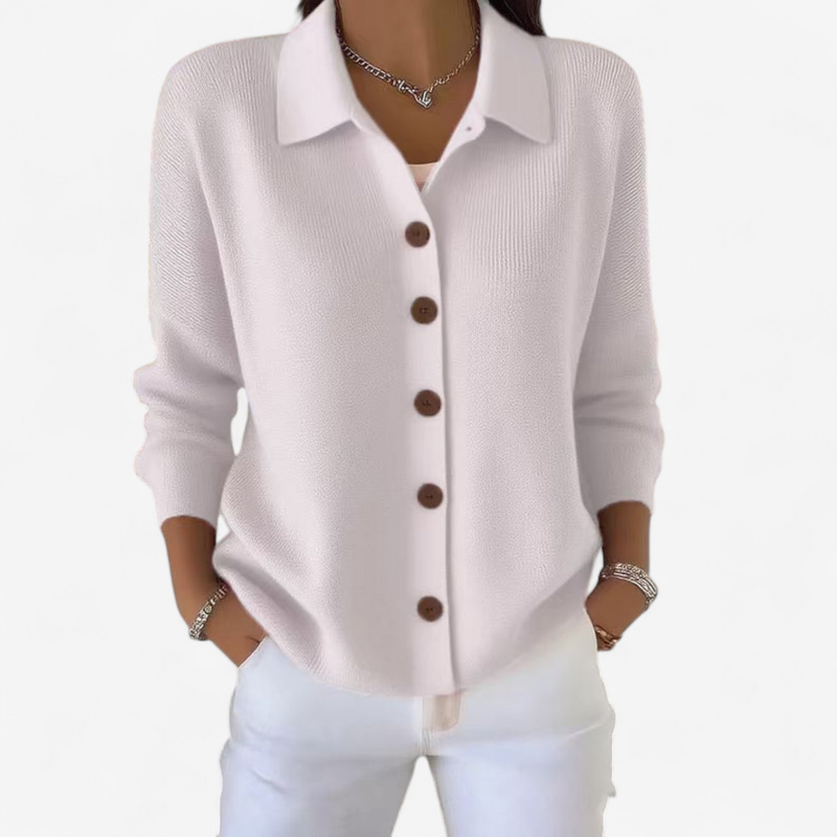 Cardigan Donna in Maglia a Coste con Colletto e Bottoni