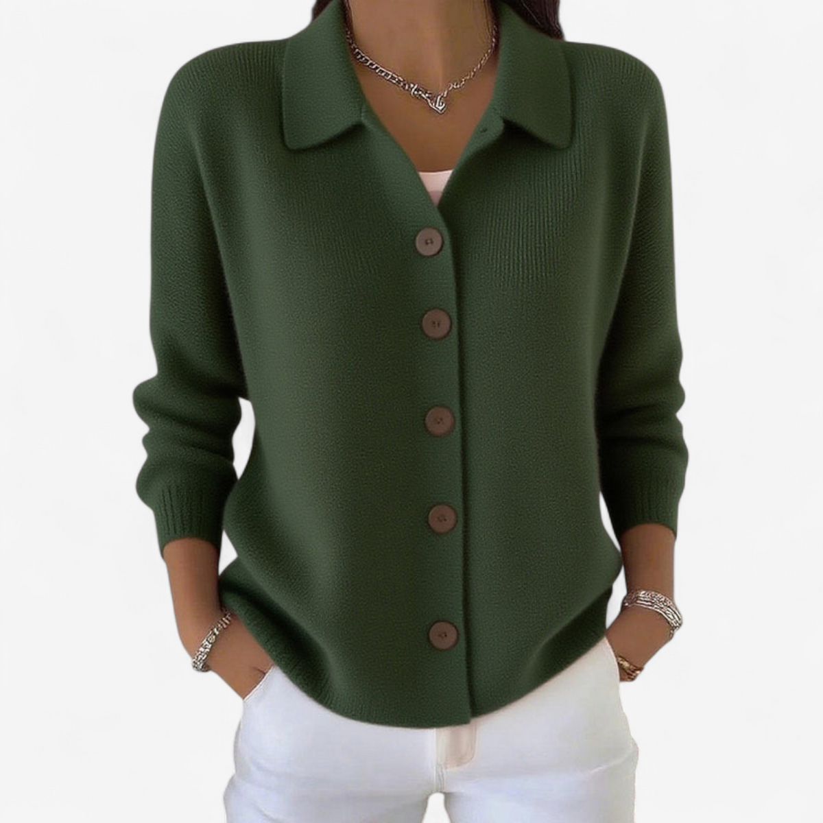 Cardigan Donna in Maglia a Coste con Colletto e Bottoni