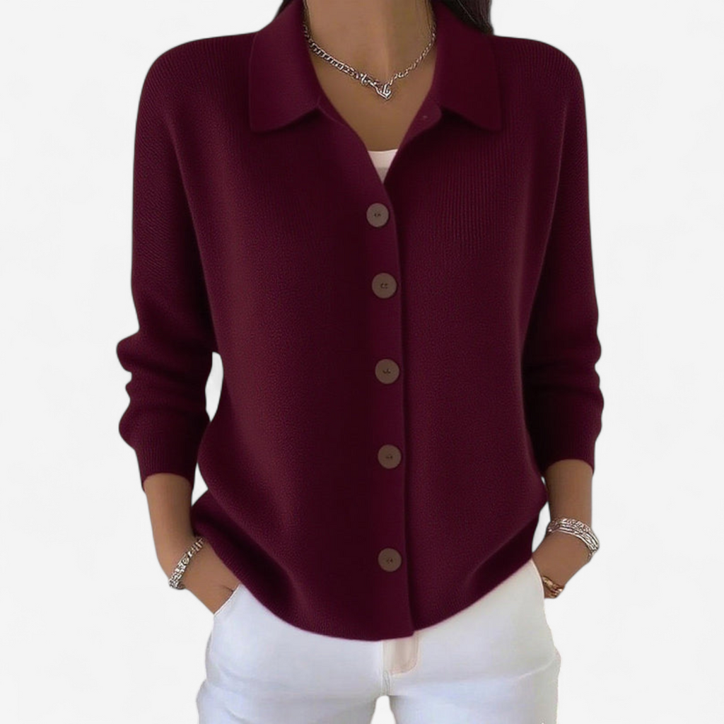 Cardigan Donna in Maglia a Coste con Colletto e Bottoni