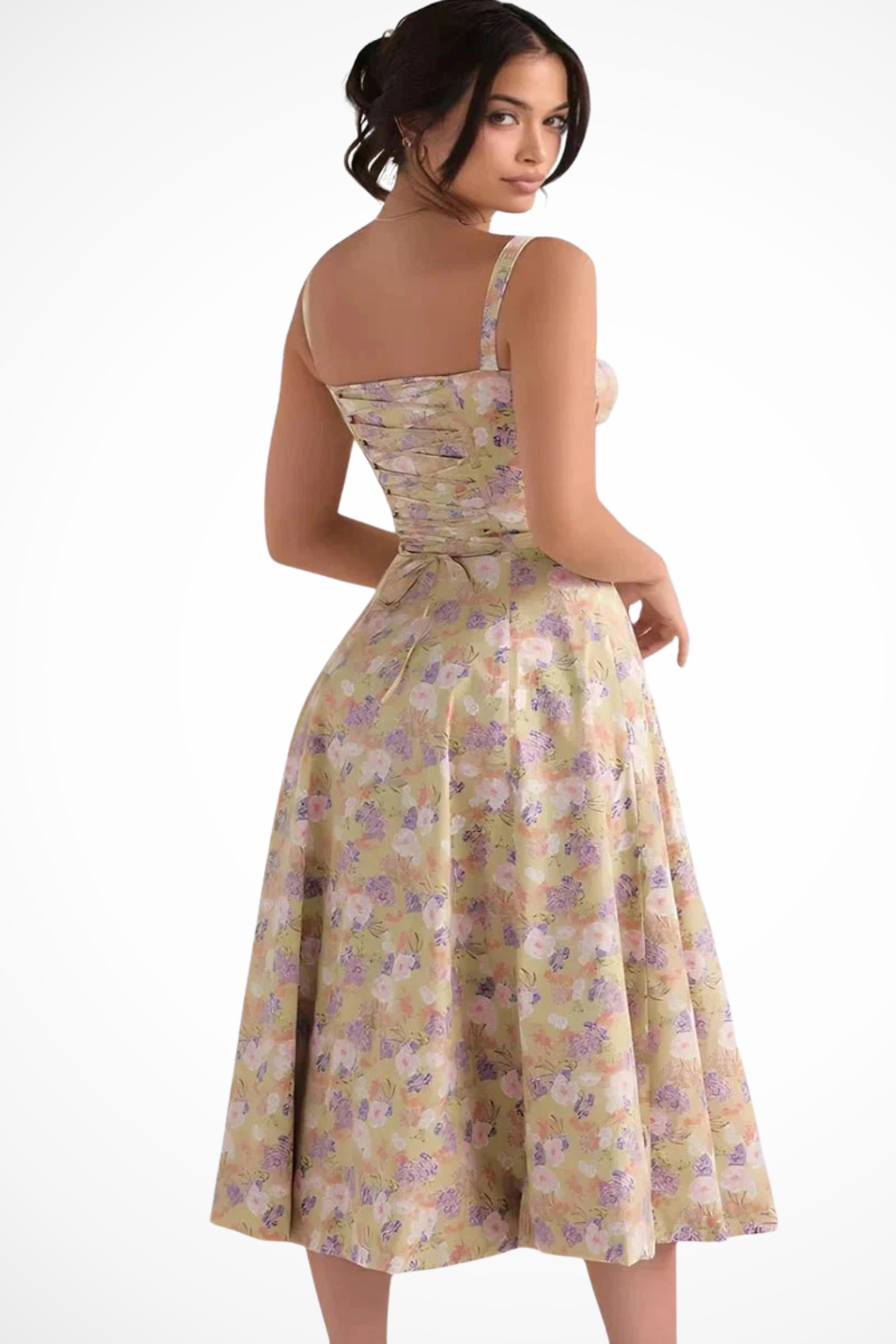 Abito a Corsetto con Scollatura Quadrata e Gonna Midi a Fiori
