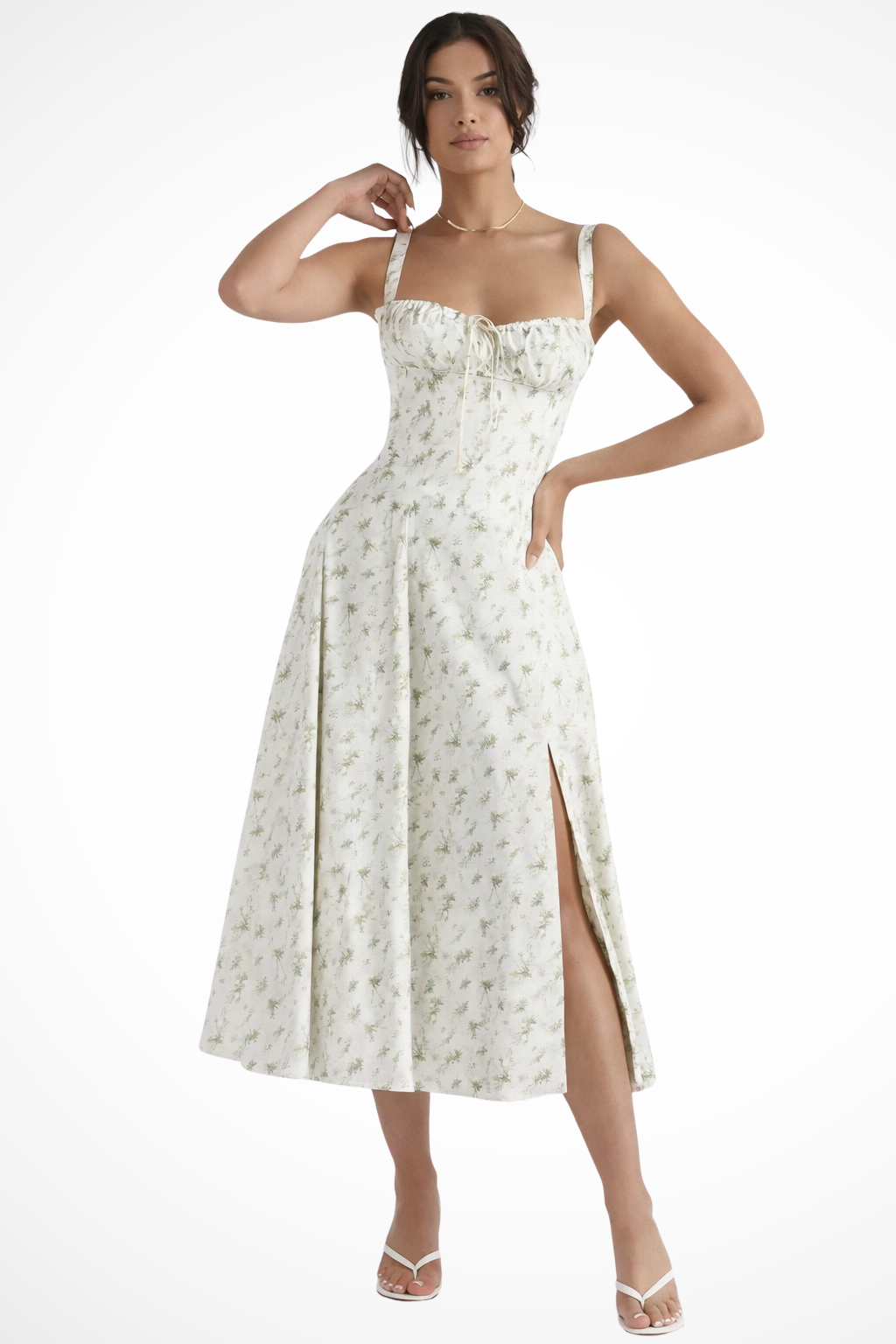Abito a Corsetto con Scollatura Quadrata e Gonna Midi a Fiori