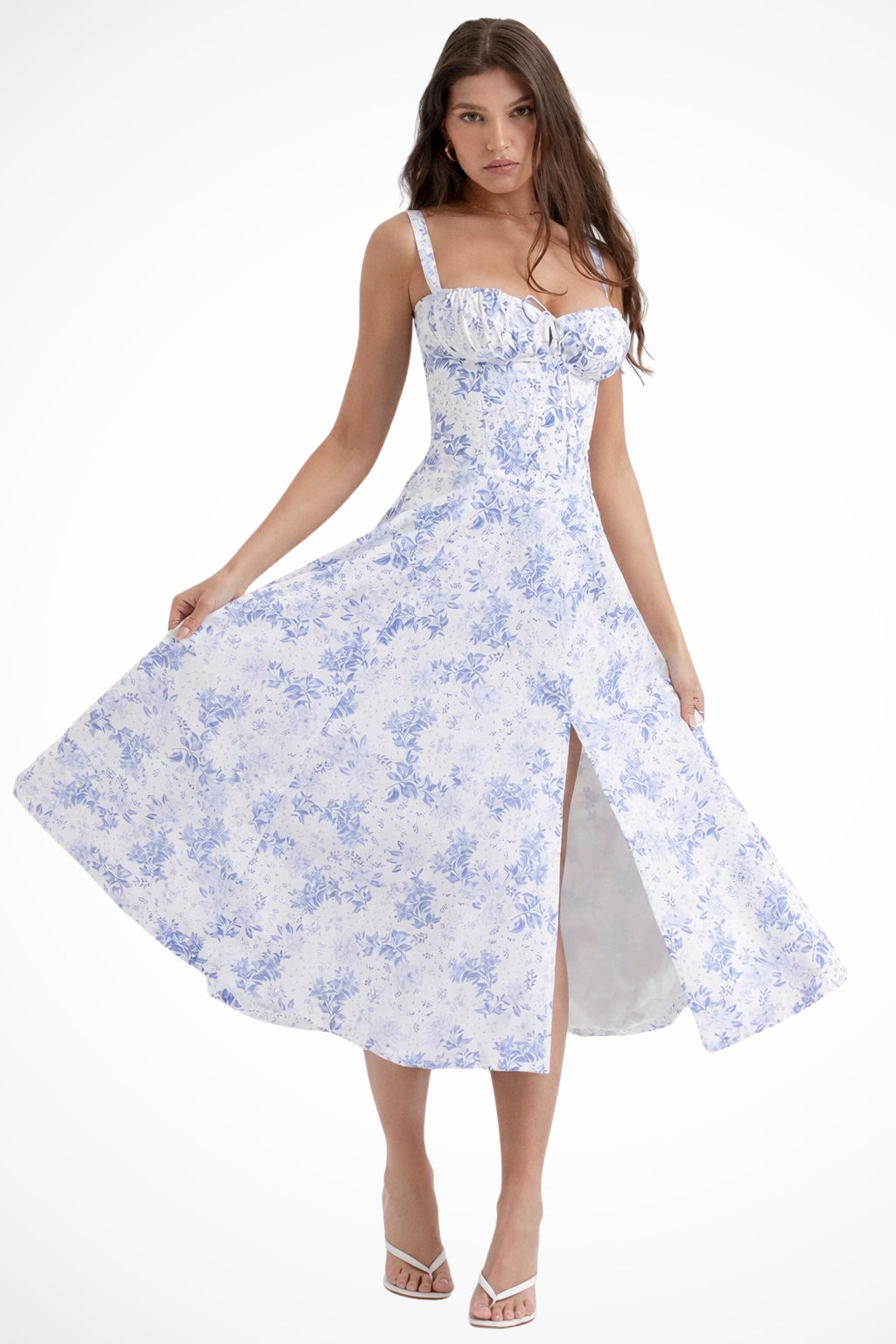 Abito a Corsetto con Scollatura Quadrata e Gonna Midi a Fiori