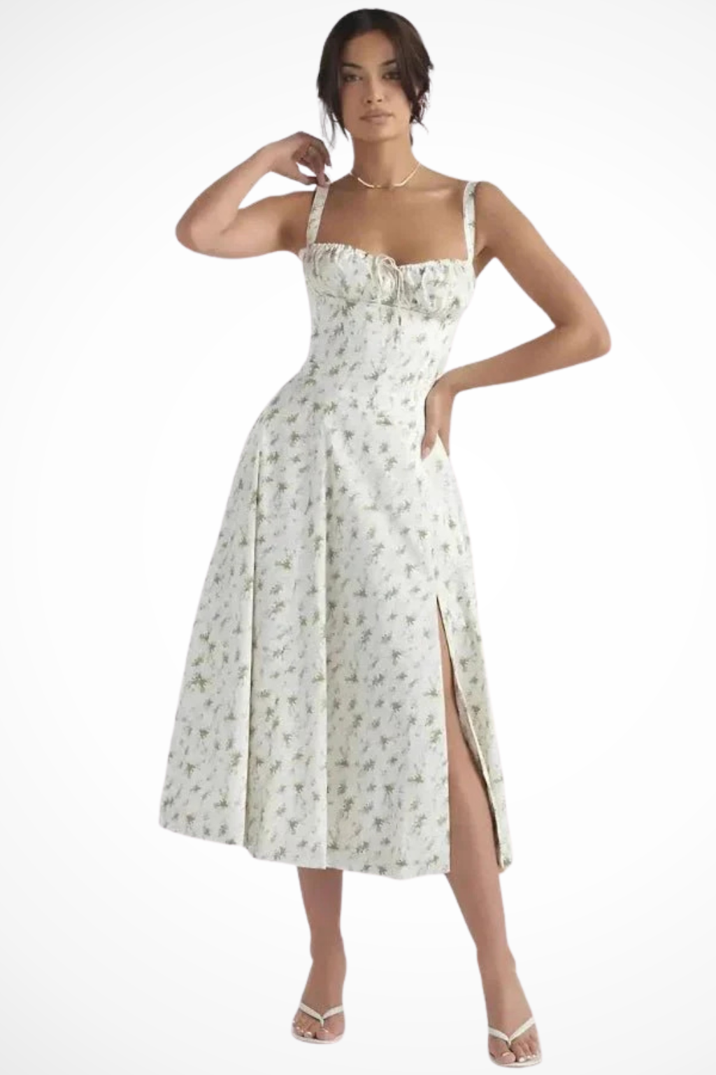 Abito a Corsetto con Scollatura Quadrata e Gonna Midi a Fiori