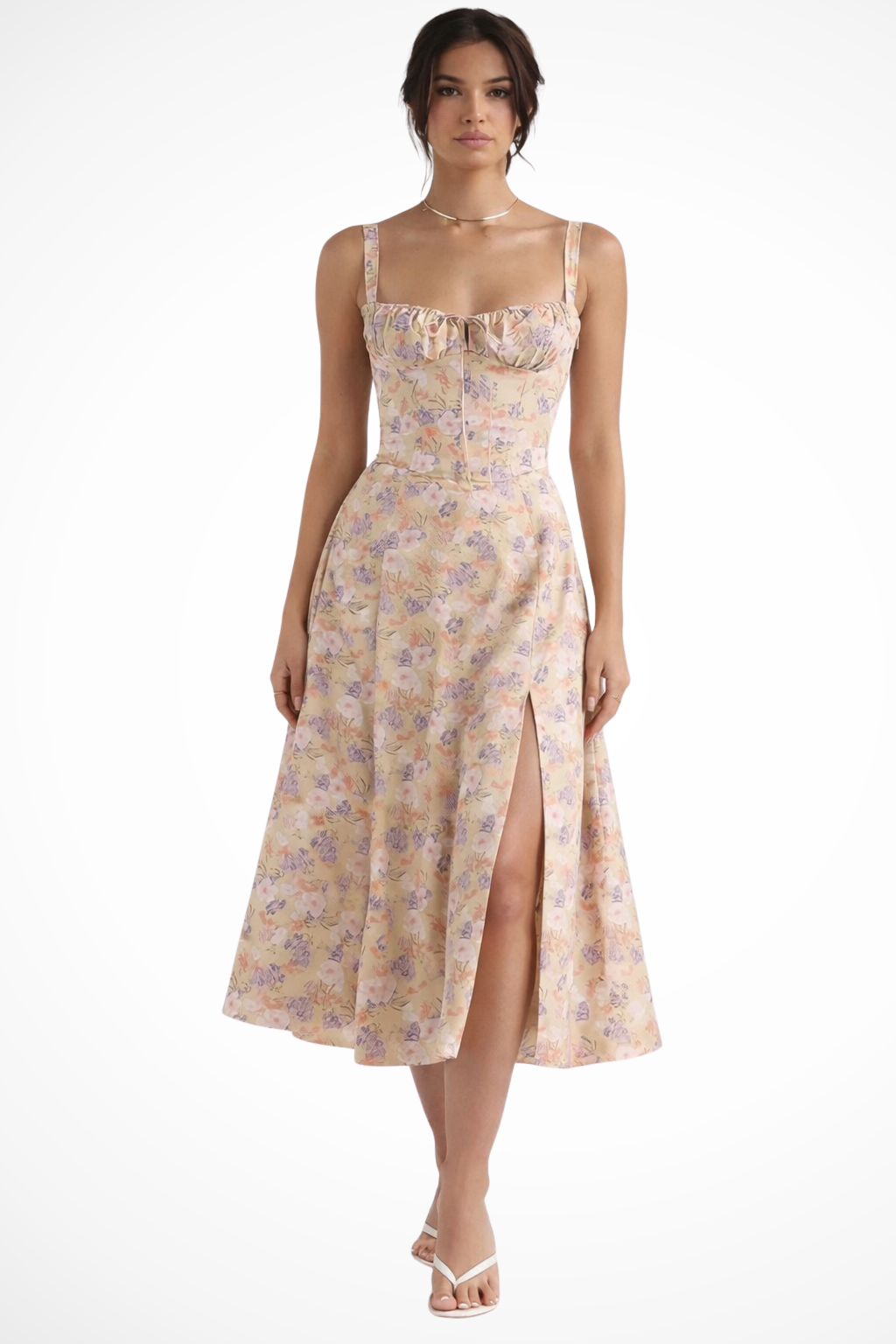 Abito a Corsetto con Scollatura Quadrata e Gonna Midi a Fiori