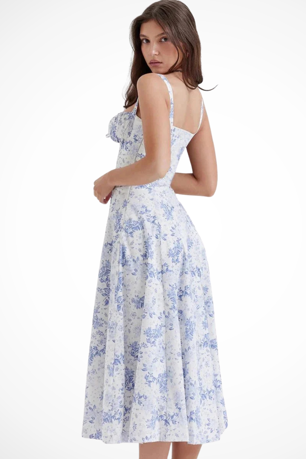 Abito a Corsetto con Scollatura Quadrata e Gonna Midi a Fiori
