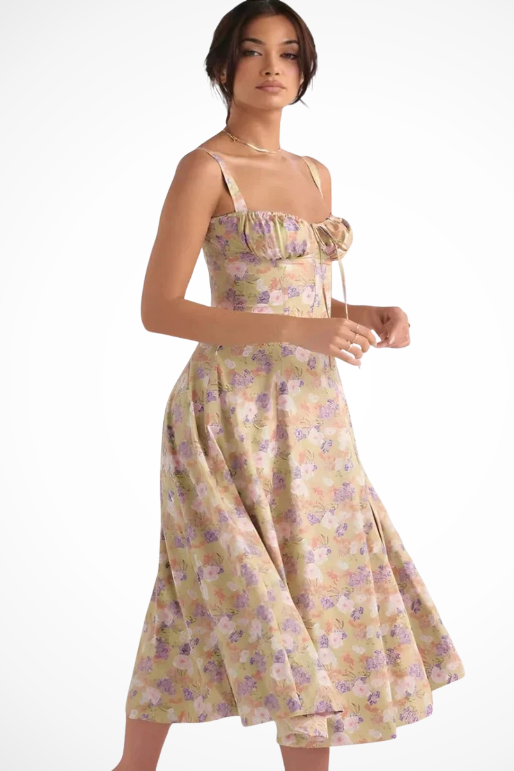 Abito a Corsetto con Scollatura Quadrata e Gonna Midi a Fiori