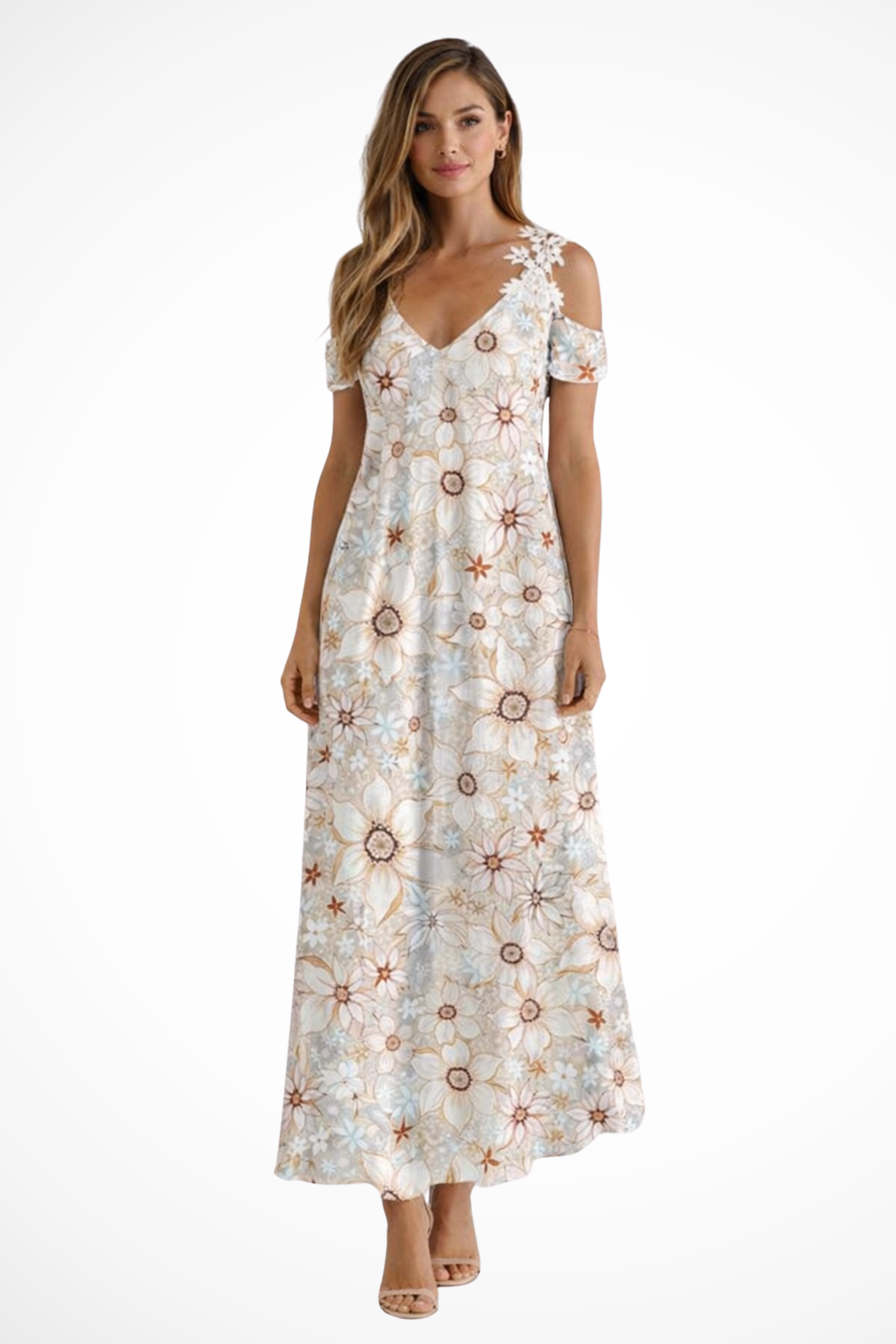 Maxi Kjole – Blomstret Silhuet med Cold-Shoulder Detaljer