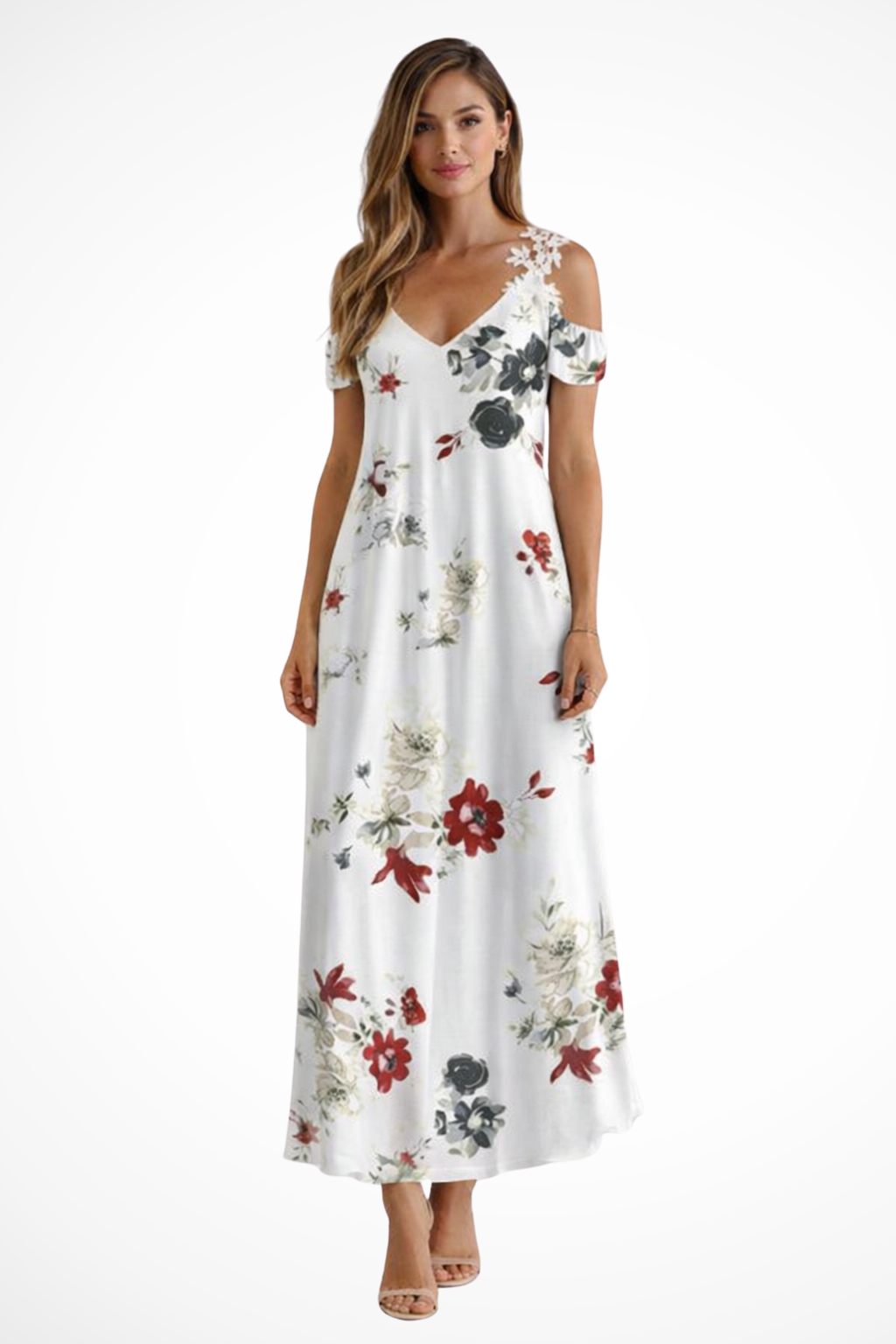 Maxi Kjole – Blomstret Silhuet med Cold-Shoulder Detaljer